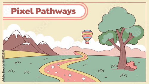 Illustration of a landscape with mountains a path a tree and a hot air balloon in a cartoon style