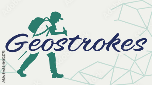 Silhouette of a hiker with backpack and walking sticks with the word geostrokes in cursive script