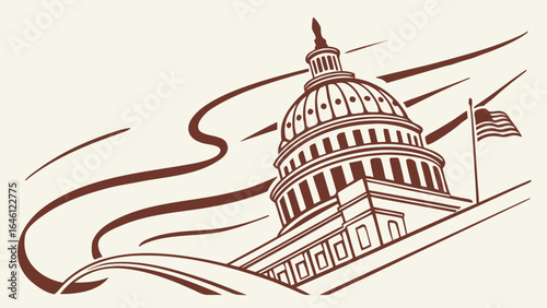 Illustration of the united states capitol building with american flag and stylized sky design