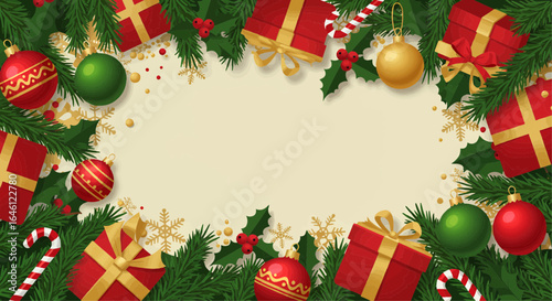 Festive Christmas Frame with Gift Boxes, Ornaments, and Candy Canes on a Neutral Background