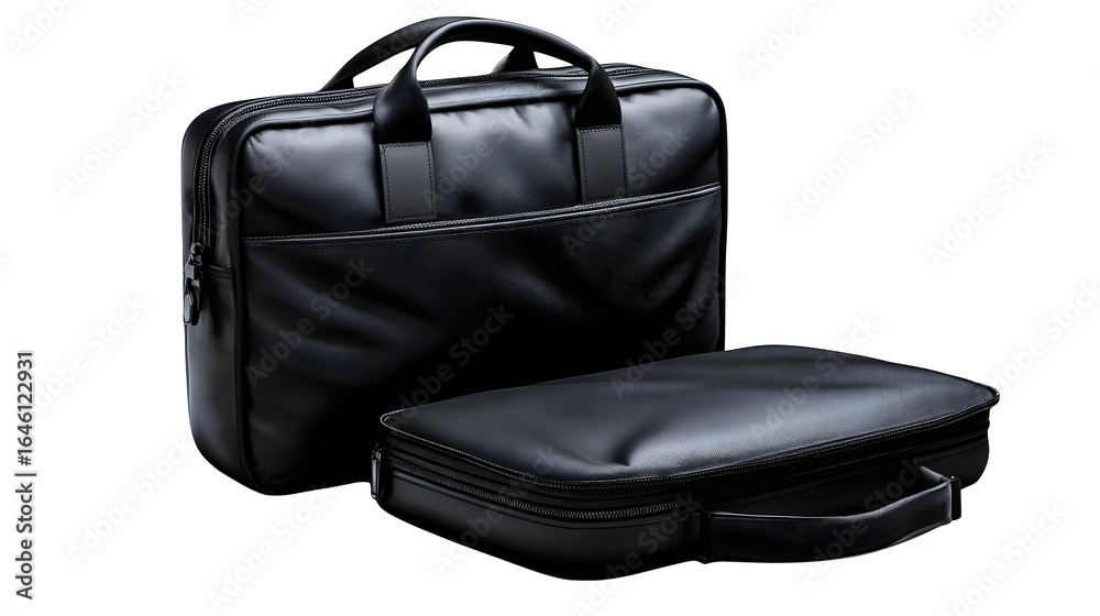 Naklejka premium Sophisticated black leather briefcase and laptop case set exuding modern professional style and executive elegance, perfect for business travel and daily commute. Isolated to Transparent Background
