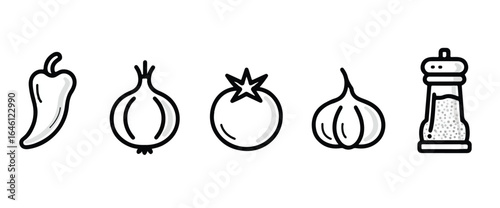 Simple line art illustration depicting common cooking ingredients including a chili pepper onion tomato garlic and salt shaker suitable for culinary themed designs