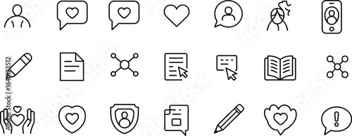 Communication and feedback icons set, heart symbols, writing, review, messaging, social interaction, user profile, opinion sharing, customer support tools