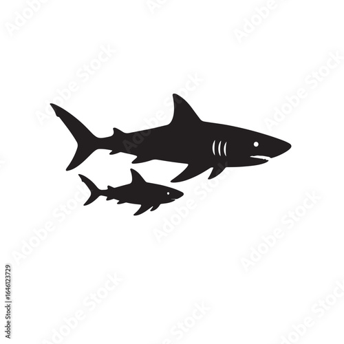 Baby shark swiming with mother silhouette vector