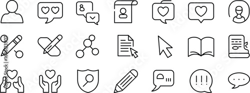 Communication and social interaction icon set – messaging, chatting, writing, feedback, user profiles, support, sharing, community, connection, and dialogue