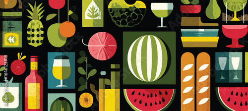 Stylized Summer Picnic Still Life with Fruits Wine and Bread Abstract Food Illustration for Backgrounds and Creative Projects Artful Graphic Composition