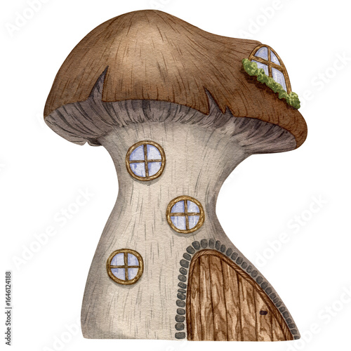 Whimsical Mushroom House, a rustic Brown Cottage for a fantasy forest creature, hand-drawn Watercolor clipart on a transparent background with earthy tones and charming, fairytale details.