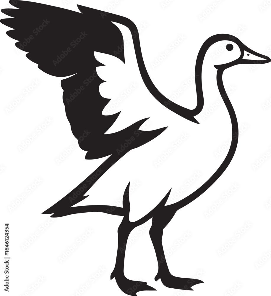 Fototapeta premium Goose with wings spread illustration, Black and white bird vector graphic