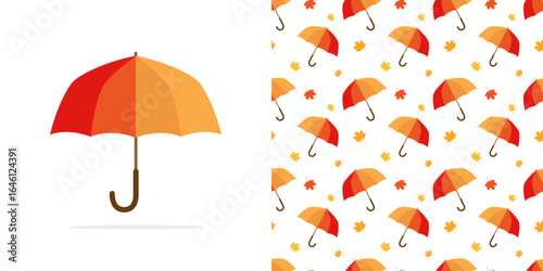 Colorful umbrella design featuring autumn leaves in a playful pattern on a bright background