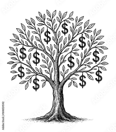 Olive tree with dollar symbols growing on it