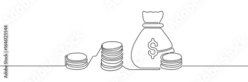 Money continuous one line finance art graph financial icon coin. Continuous one line money single growth chart sketch cash concept hand investment business arrow vector drawing bank doodle background
