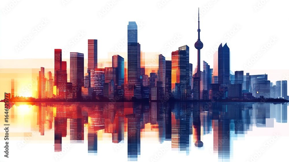 Fototapeta premium Cityscape silhouette reflecting in water during sunrise with tall buildings and a prominent tower