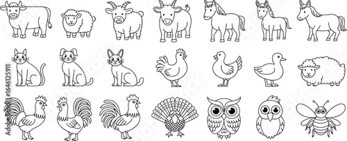 Farm Animal Line Art Icon Set, Cute Hand Drawn Barnyard Animals, Minimalist Vector Collection for Kids and Educational Design