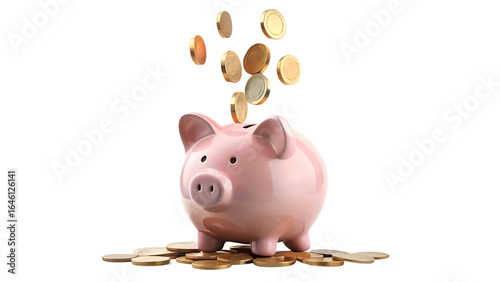 Pink piggy bank with falling gold coins isolated on transparent background, representing savings and financial investment
