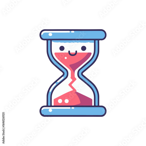 A cheerful cartoon hourglass with a smiling face, symbolizing the passage of time, in a bright design