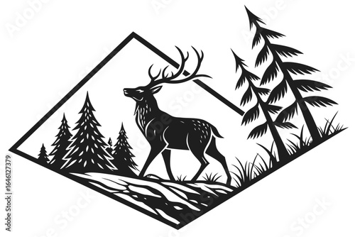 Vector illustration of wild forest animals including a horse, deer, and wolf with a winter landscape