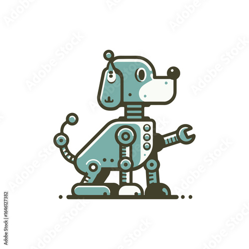 A playful robotic dog stands with a wrench in its paw, set against a minimalist background