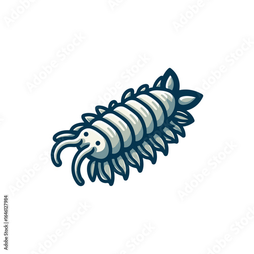 A whimsical illustration of a cartoon isopod with a smiling face, surrounded by aquatic plants