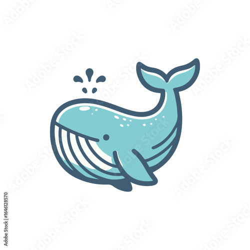 Cartoon whale spouting water in a serene ocean environment with a clear blue sky