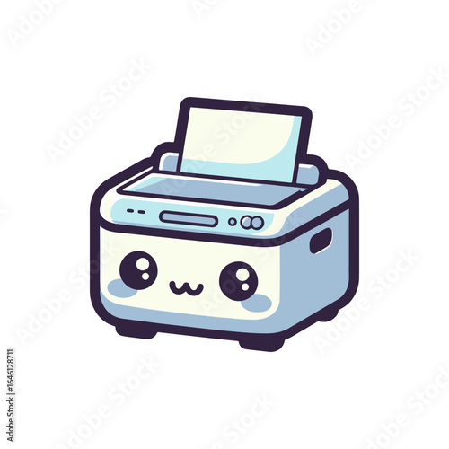 Cartoon-style printer character with a cheerful face, ready to print documents in a playful setting