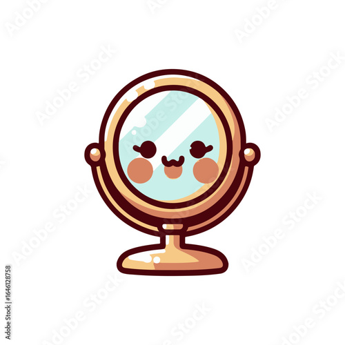 Cartoon-style smiling mirror character with a golden frame, reflecting a cheerful ambiance