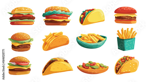 Variety of Delicious Fast Food Items Burgers Tacos Fries and Salad Artwork Ideal for Restaurant Menus Advertising or Culinary Themed Projects