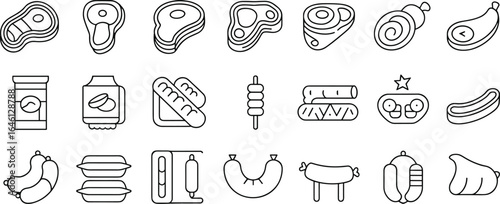 Food and meat icons: steak, sausage, hot dog, kebab, sandwich, bread, ice cream, deli meat, snack and grilled meat symbols