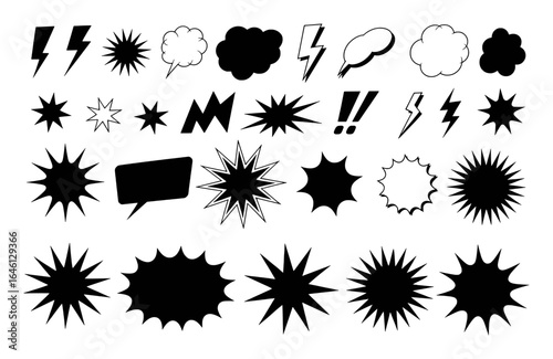 Black and white comic style explosion shapes and speech bubbles vector symbol