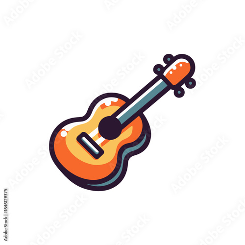 Colorful cartoon illustration of an acoustic guitar with a vibrant design on a white background
