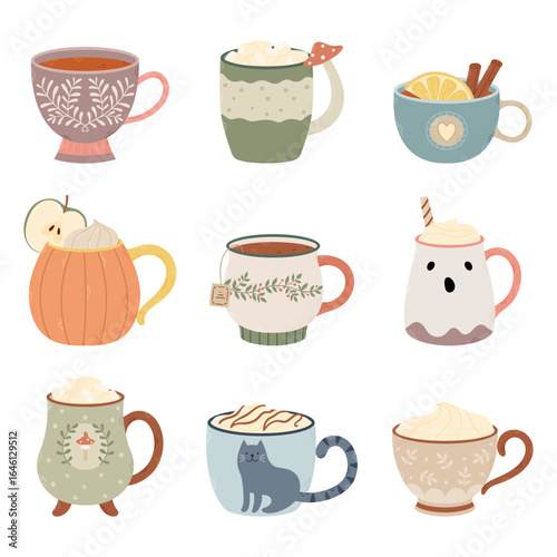 Set of cute mugs with autumn and holiday drinks