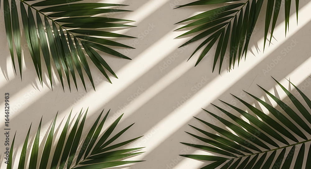 Obraz premium Four green palm leaves with diagonal light and shadow