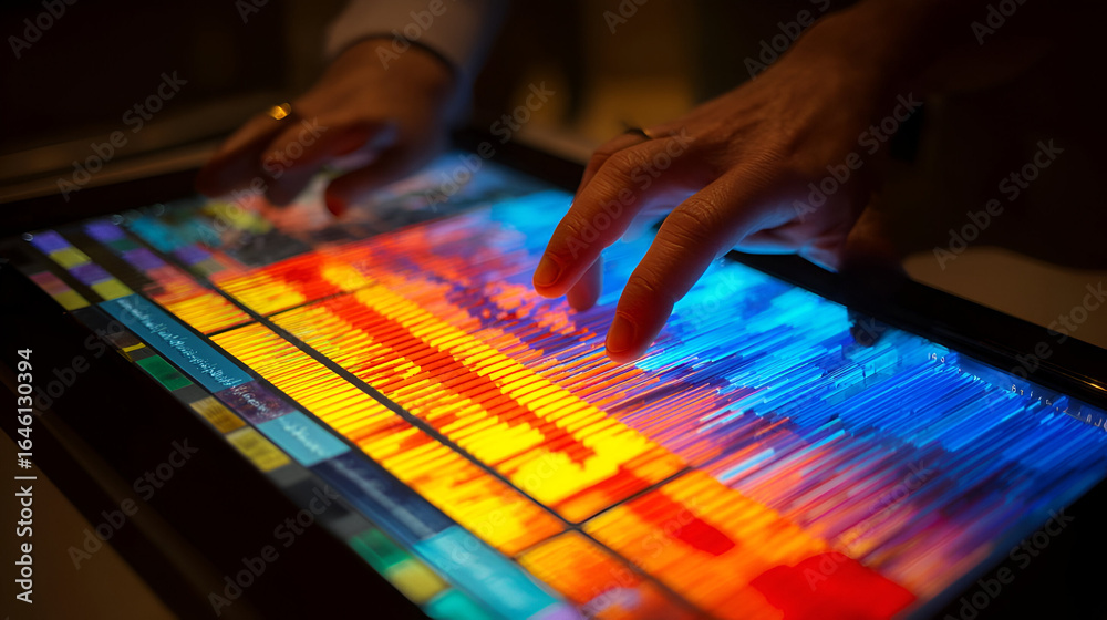Fototapeta premium Hands Interacting with Vibrant Colorful Touchscreen Interface