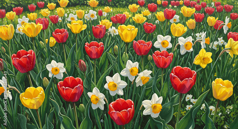 Fototapeta premium Vibrant Flowerbed Painting Featuring Tulips and Daffodils in Full Bloom