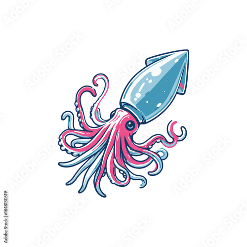 Colorful illustration of a squid with vibrant tentacles swimming in a stylized ocean