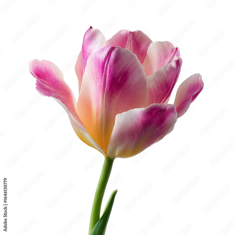 Naklejka premium Close-up of a single, vibrant tulip. Soft pink and white petals with a hint of yellow. Stem and leaves are visible
