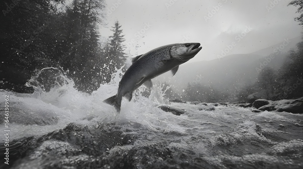 Fototapeta premium Salmon Leaping Upstream: A Majestic Display of Nature’s Determination