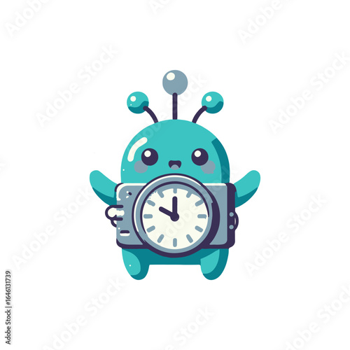 Cute cartoon alien character holding a clock, symbolizing time management in a playful setting