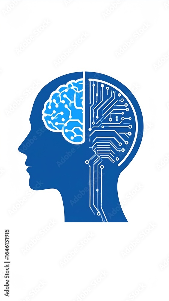 Obraz premium Blue Silhouette Head Split Open Revealing Circuitry Brain Against White Background