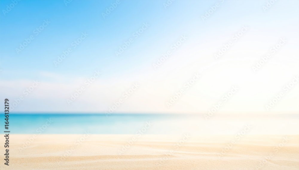 Fototapeta premium Blurred Beach Scene with Sandy Foreground and Blue Ocean Meeting Clear Sky Horizon
