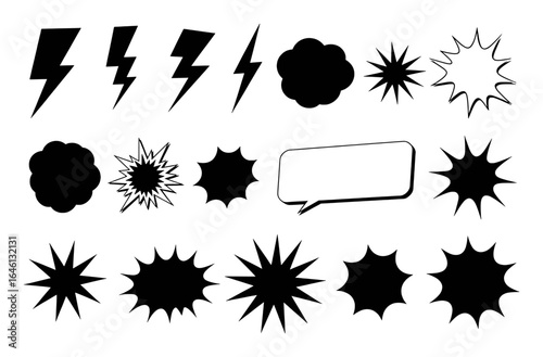 Black comic book style explosion shapes and lightning bolts vector