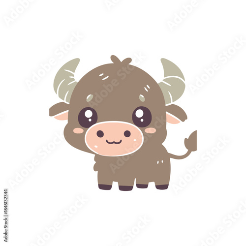 Cute cartoon bull standing cheerfully with a friendly expression on a plain background