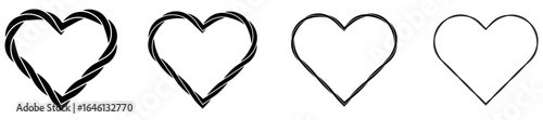 Nautical rope silhouette heart shapes collection. Set of different thickness rope love frames. Vector illustration isolated on white.