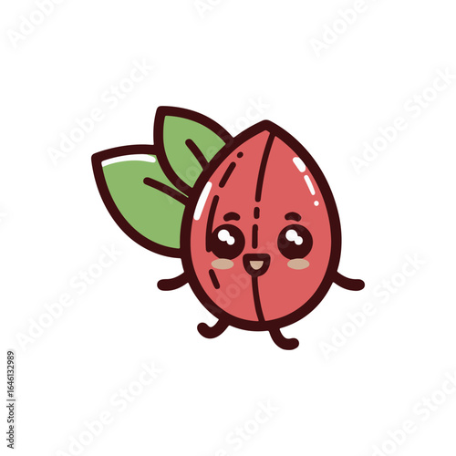 Cute cartoon character of a smiling red seed with green leaves, conveying joy and playfulness