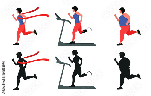 A female runner. Set. A woman crosses the red finish line. An overweight woman runs. A woman runs on a treadmill. A woman runs with a prosthetic leg. A silhouette.