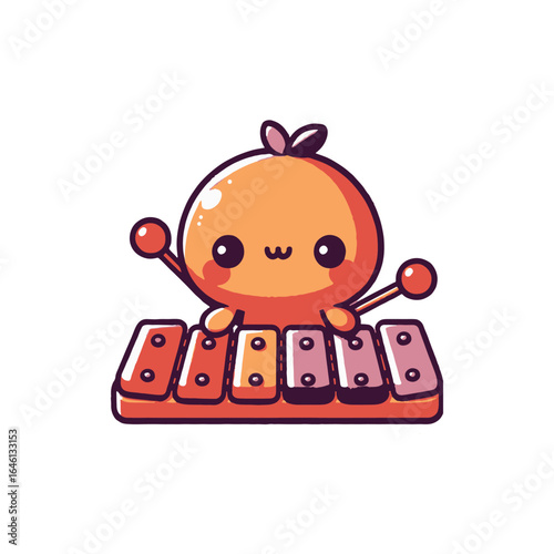 Cute cartoon character playing a xylophone with a cheerful expression on a white background