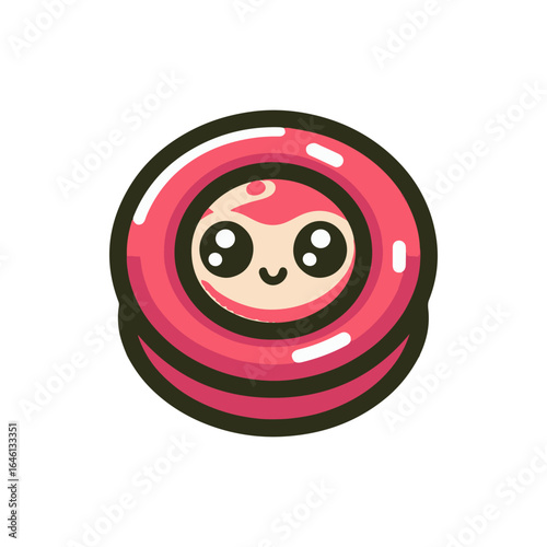 Cute cartoon character resembling a smiling creature within a colorful round shape, set against a plain background, ideal for playful designs