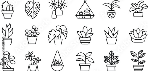 Minimal potted plant icon set, cactus, succulents, foliage, houseplants, indoor plant line art, botanical elements, greenery, home decor, terrariums