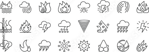 Natural disaster and climate icon set – fire, storm, lightning, rain, drought, tornado, heatwave, extreme weather, pollution, global warming