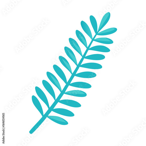 Stylized teal fern frond with many leaves isolated on transparent background