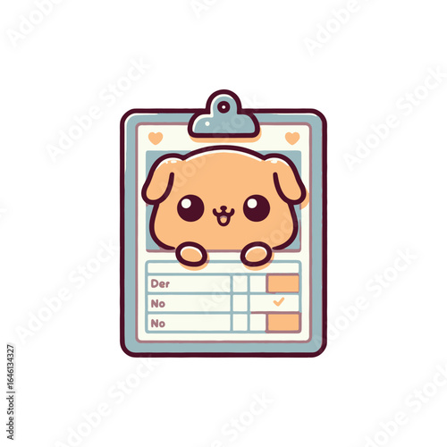 Cute cartoon dog on a clipboard with checkboxes, representing adoption or pet care